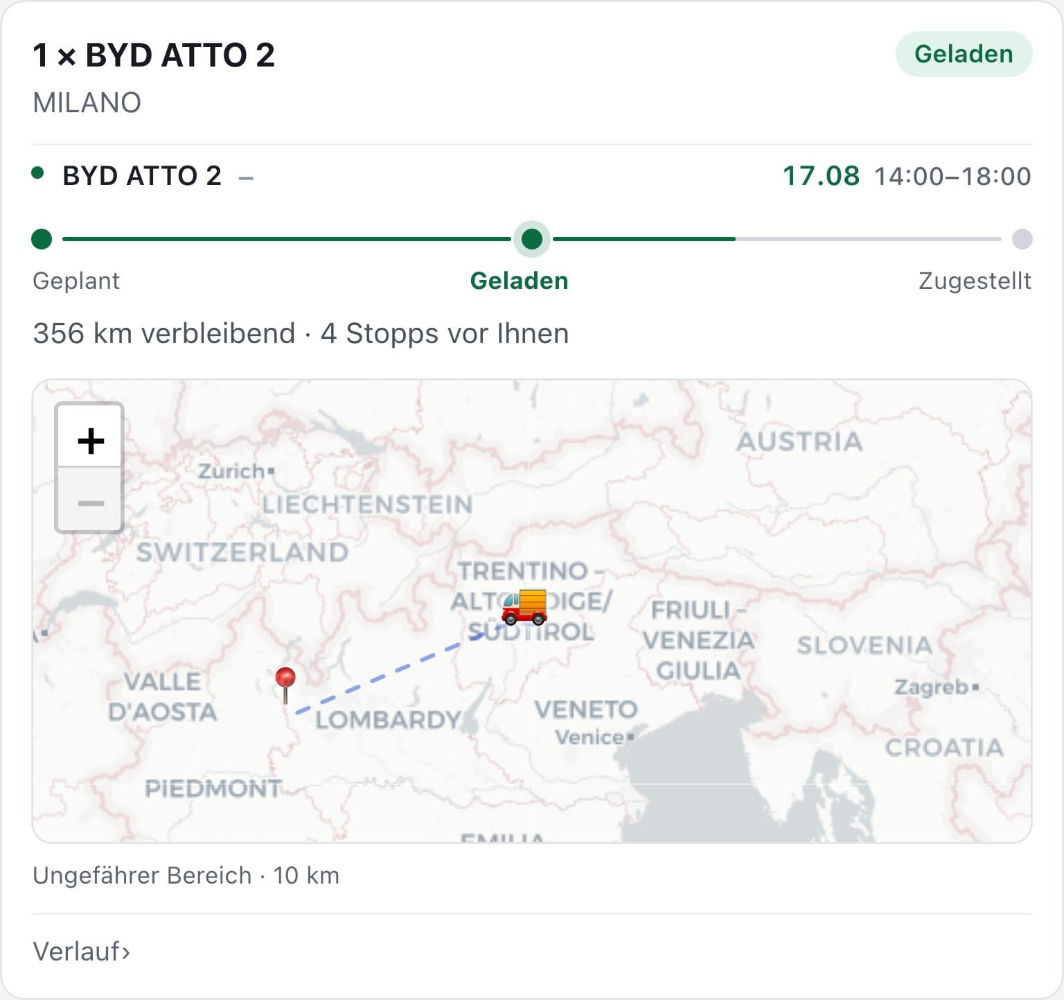 Sendungsverfolgung von Spedition HTL: Fahrzeug verladen, Transportschritte, Restkilometer und Position auf der Karte