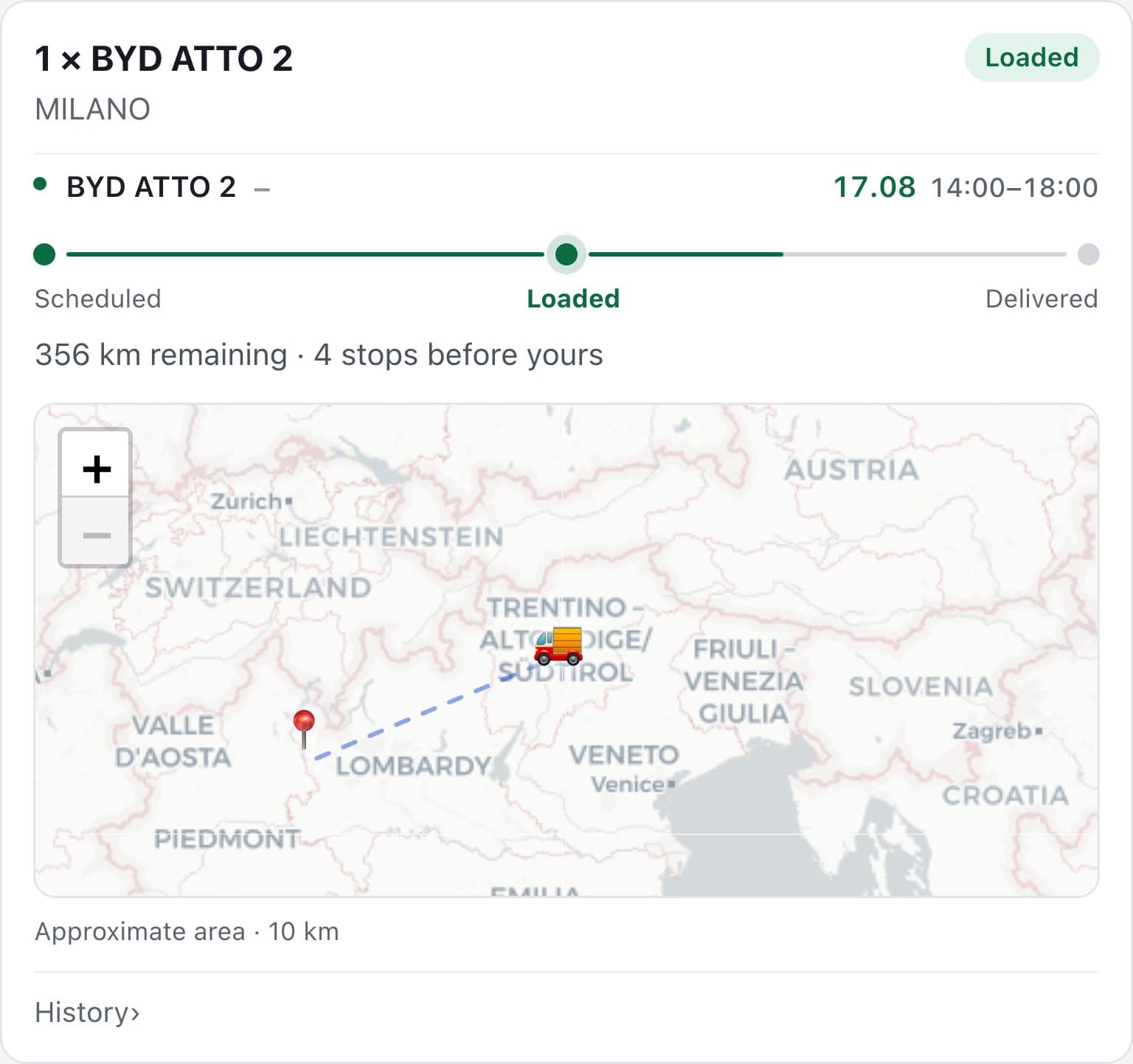 Spedition HTL tracking page: vehicle loaded, transport stages, remaining kilometres and position on the map