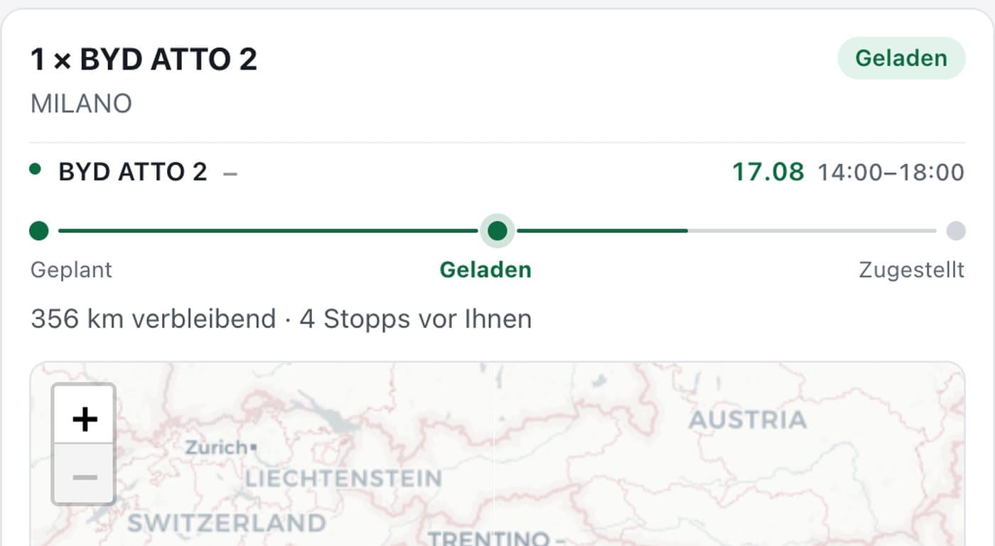 Sendungsverfolgung von Spedition HTL: Fahrzeug verladen, Transportschritte, Restkilometer und Position auf der Karte