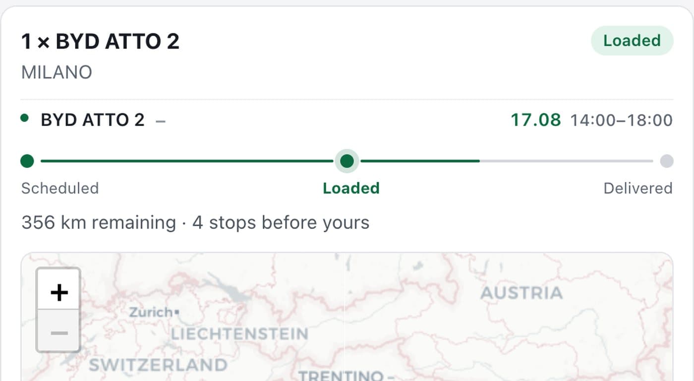 Spedition HTL tracking page: vehicle loaded, transport stages, remaining kilometres and position on the map