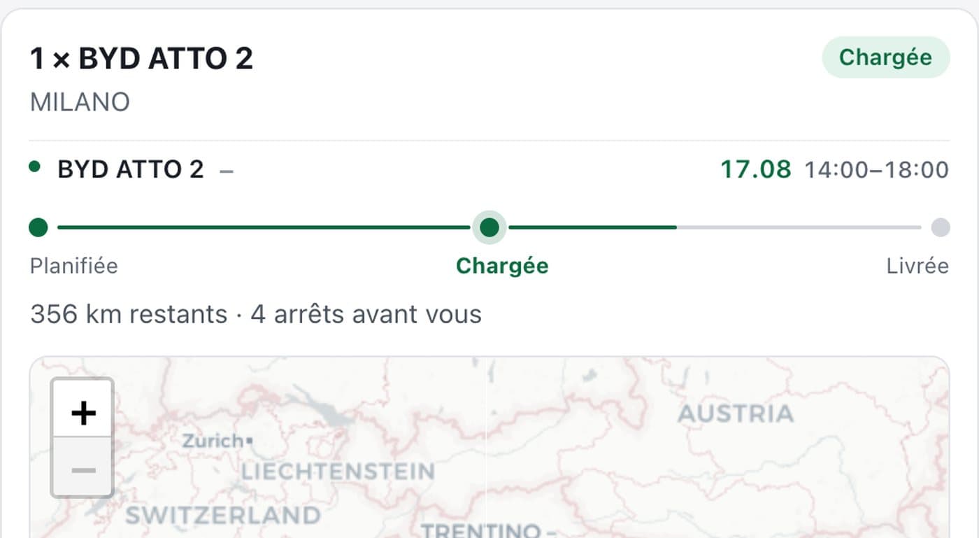 Page de suivi Spedition HTL : véhicule chargé, étapes du transport, kilomètres restants et position sur la carte
